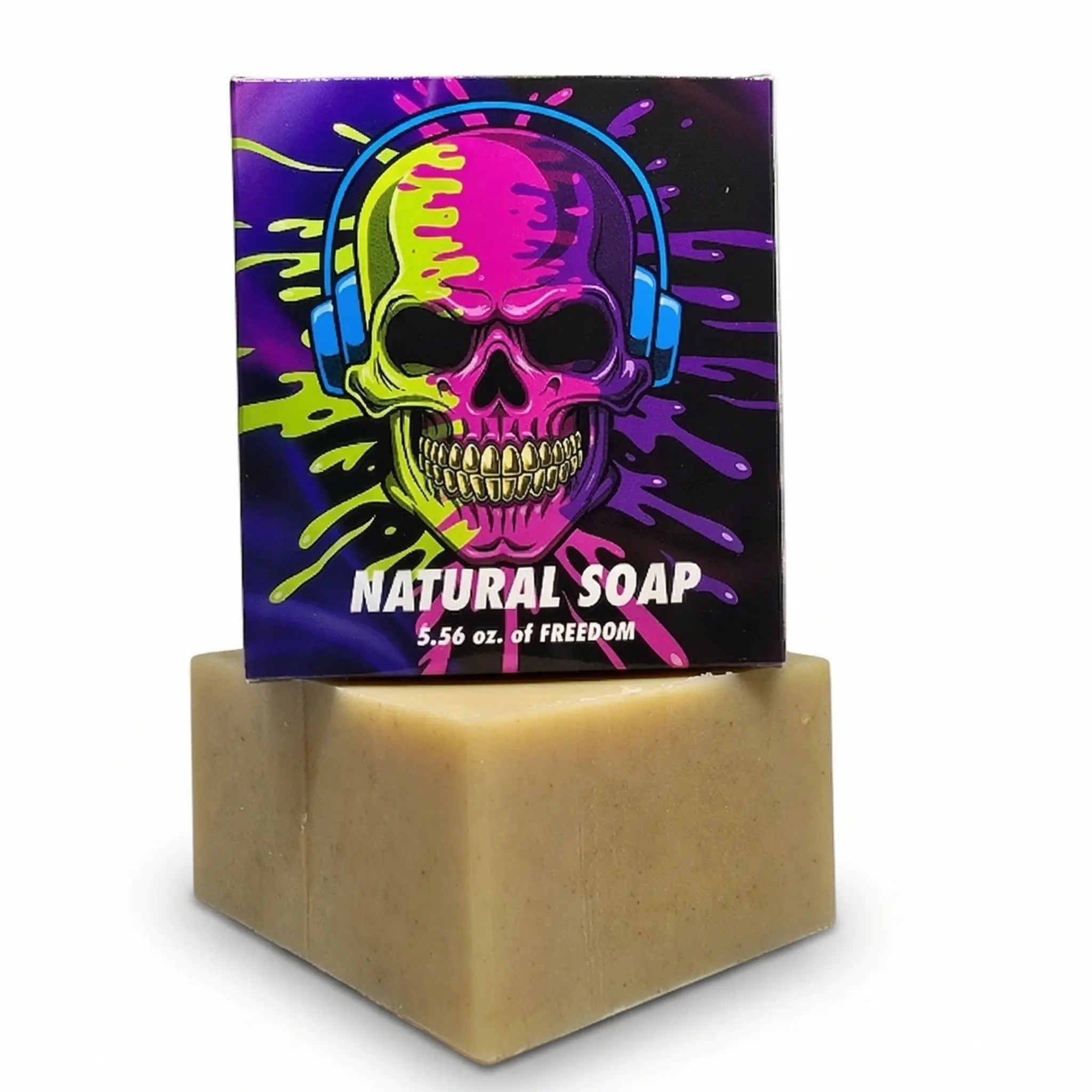 Flagship Soap Company 5.56 oz. of Freedom natural soap with vibrant neon skull artwork on a clean white background.