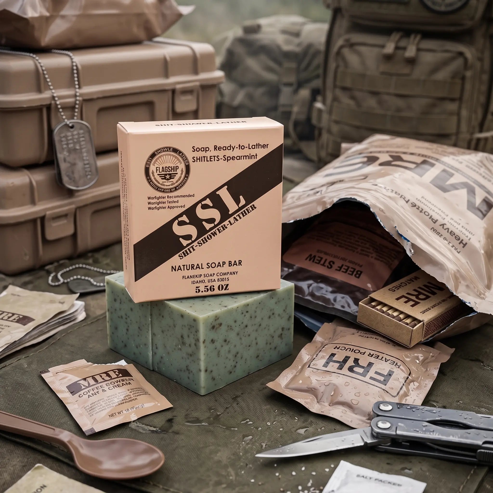 Front view of 'Flagship' Shitlets-Spearmint MRE-themed exfoliating soap bar and its cardboard packaging box placed on a tactical green field jacket. The bar is green with visible coffee specks. The package displays the 'Flagship' seal, the text 'SHIT-SHOWER-LATHER', 'NATURAL SOAP BAR', and '5.56 OZ'. The soap is surrounded by actual MRE components: a bag with 'BEEF STEW' visible, an 'FRH HEATER POUCH', a pack of 'MRE COFFEE MIX', and a mult-itool. The background features military gear bags and hard cases wi
