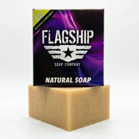 Professional studio shot of Skinny Jeans natural soap by Flagship Soap Company, featuring an earthy scent profile of patchouli, cedarwood, and bergamot.