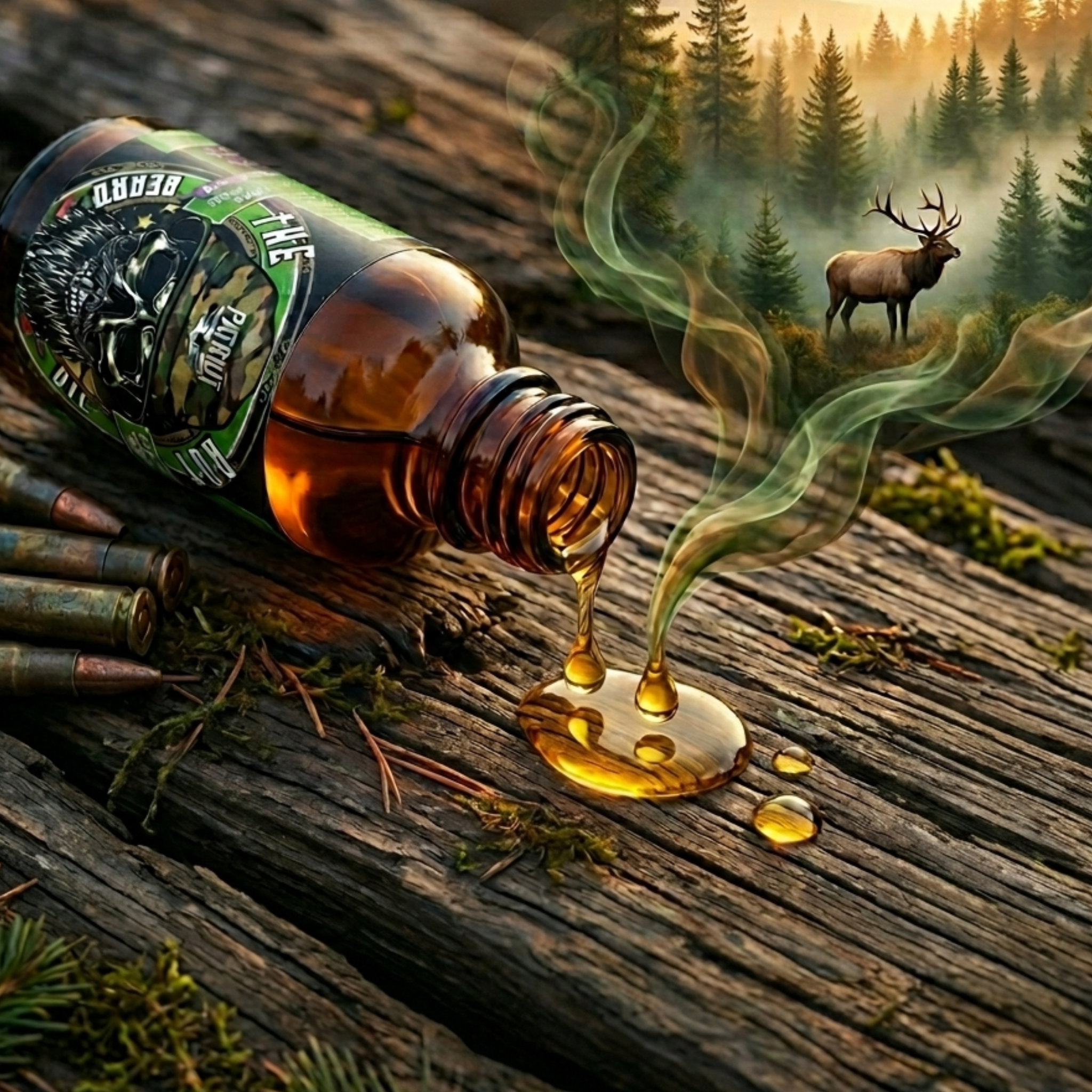 lose-up of Flagship Soap Company "The Rut" beard oil pouring onto a rustic wood surface, with steam forming a silhouette of an elk in a pine forest. This premium oil is handcrafted in Idaho to soften facial hair and soothe the skin underneath. Scent Profile: Robust Cedarwood and Pine.