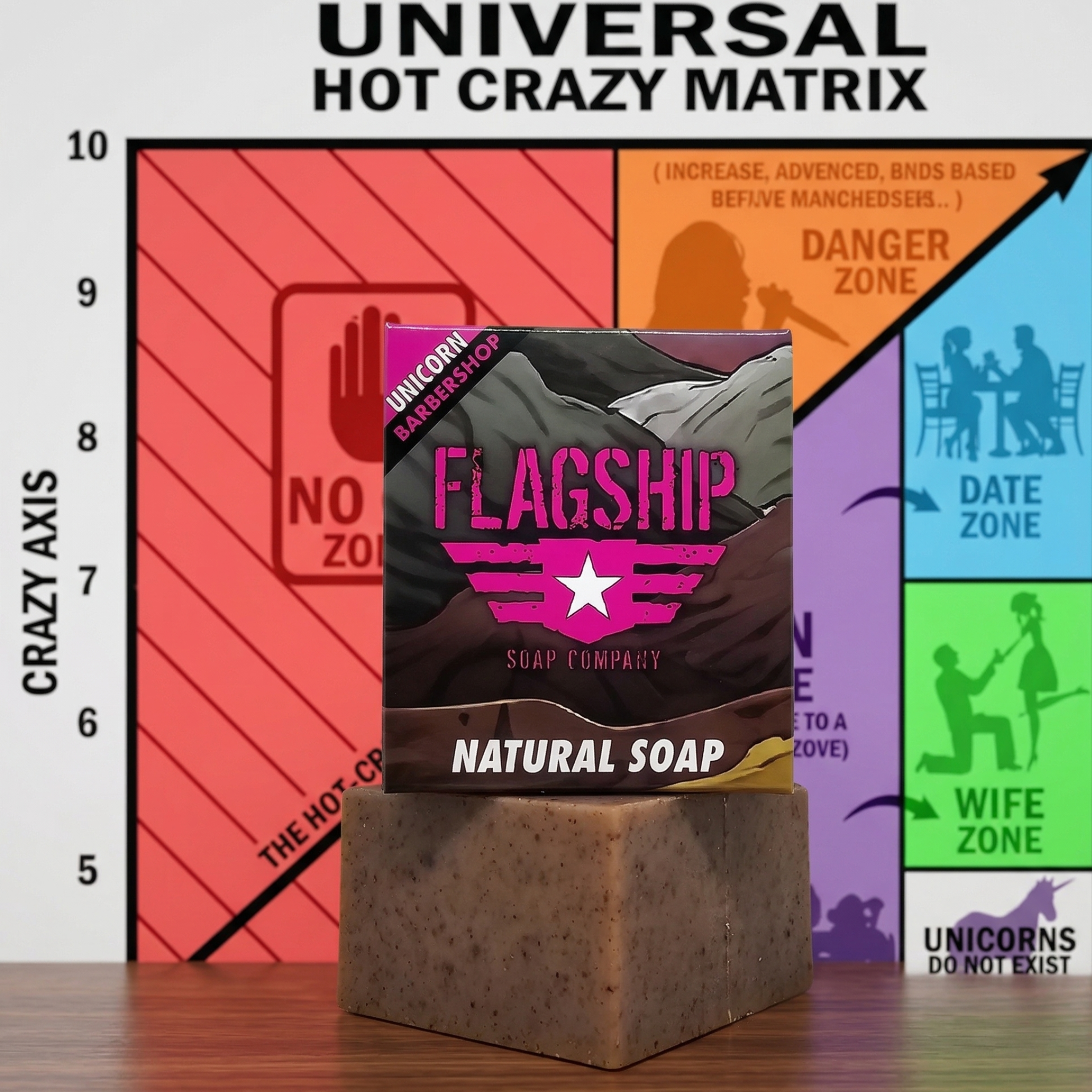 Flagship Soap Co. Unicorn Barbershop soap displayed in front of the "Universal Hot Crazy Matrix" chart, highlighting the "Unicorns Do Not Exist" zone.