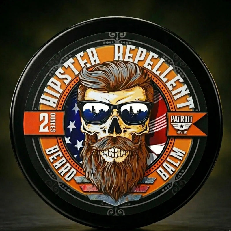 Hipster Repellent Beard Balm 2oz tin. The label features a skull with a pompadour hairstyle, sunglasses reflecting a city skyline, and a manicured beard. A humorous and patriotic grooming product for the traditional man.  Smells like citrus and cedarwood.  A true outdoorsy scent.  