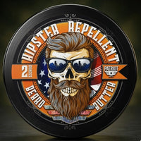 Hipster Repellent beard butter in Citrus and Cedarwood scent featuring a bearded skull with a modern hairstyle and sunglasses.