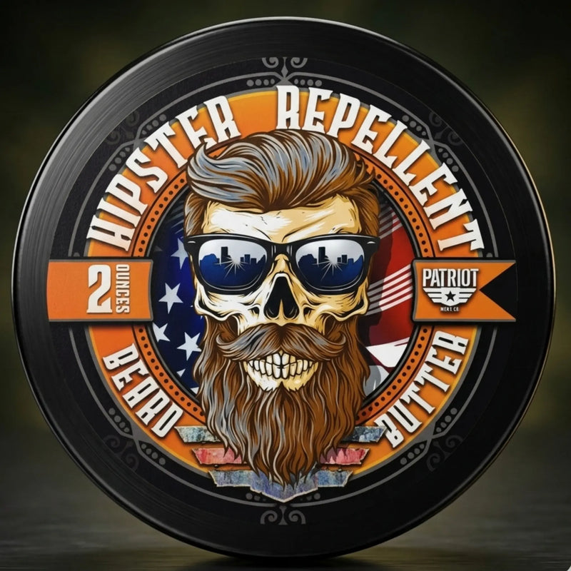Hipster Repellent beard butter in Citrus and Cedarwood scent featuring a bearded skull with a modern hairstyle and sunglasses.