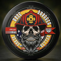 Hose Dragger Masculine Musk Cologne scent beard butter featuring a bearded skull in a red firefighter helmet for the Thin Red Line.