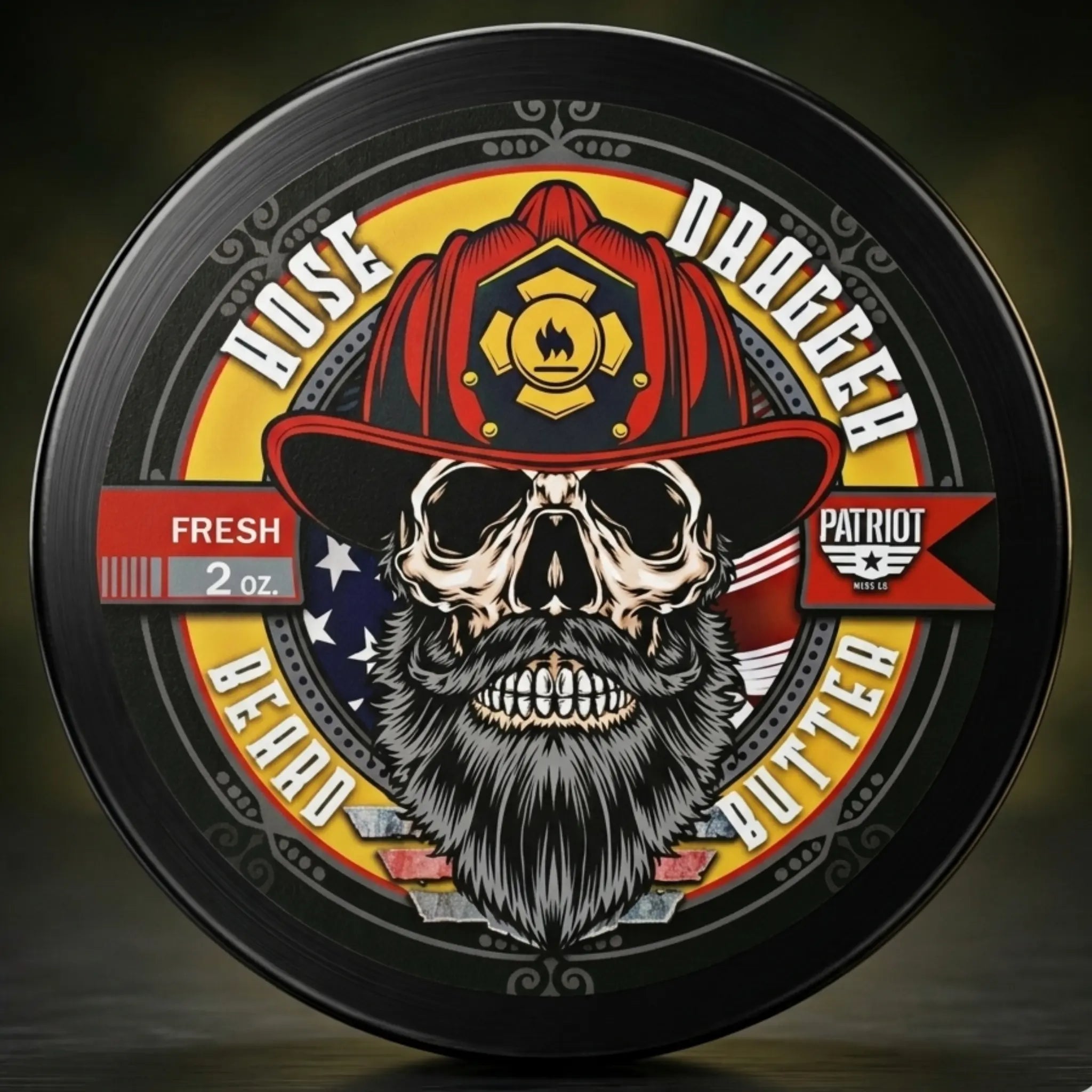 Hose Dragger Masculine Musk Cologne scent beard butter featuring a bearded skull in a red firefighter helmet for the Thin Red Line.