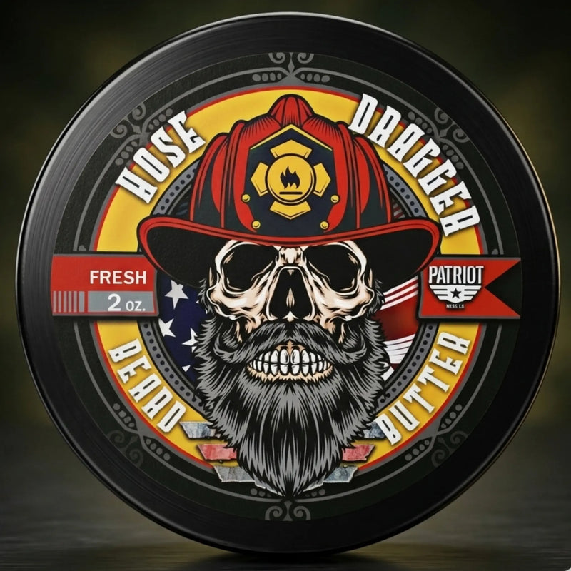 Hose Dragger Masculine Musk Cologne scent beard butter featuring a bearded skull in a red firefighter helmet for the Thin Red Line.