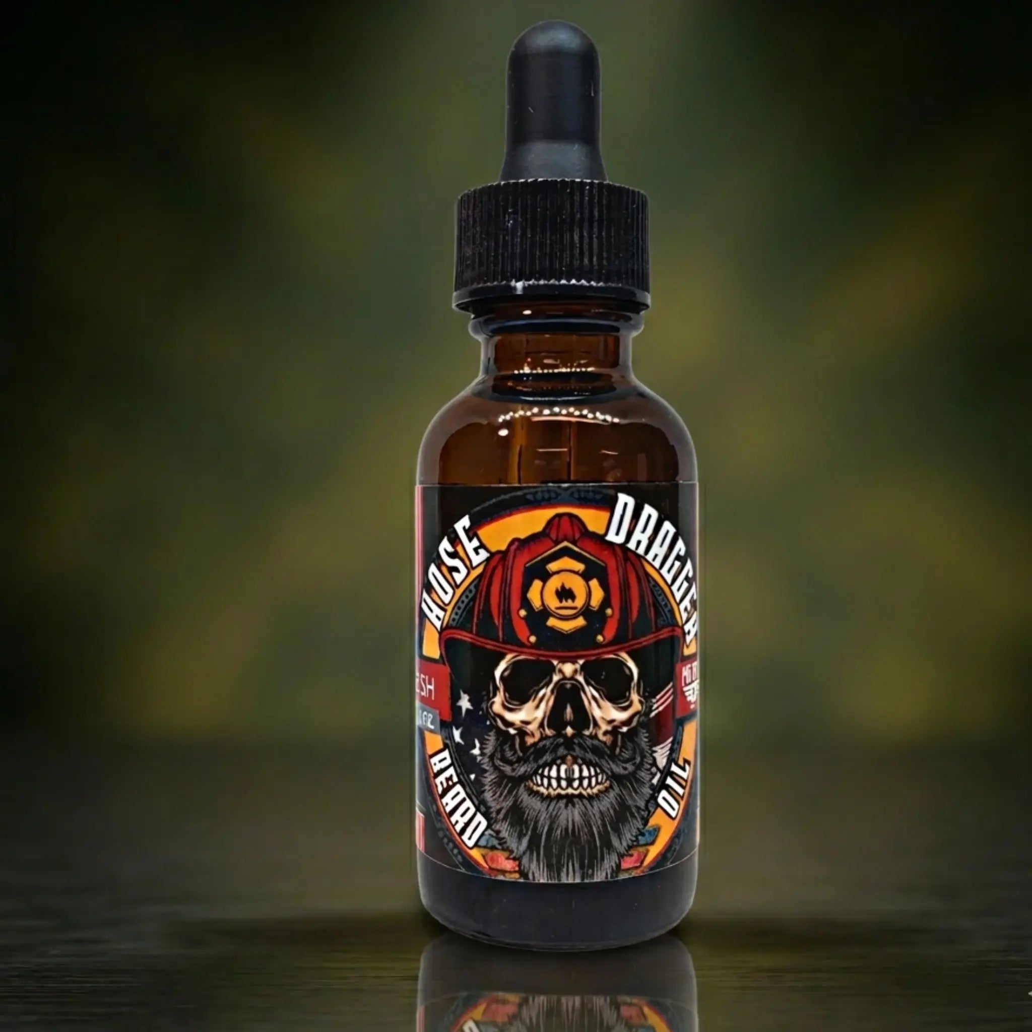 Hose Dragger Beard Oil in a classic Musk scent. The label honors firefighters with a bearded skull wearing a red fire helmet. A specialized, patriotic oil for first responders and heroes.