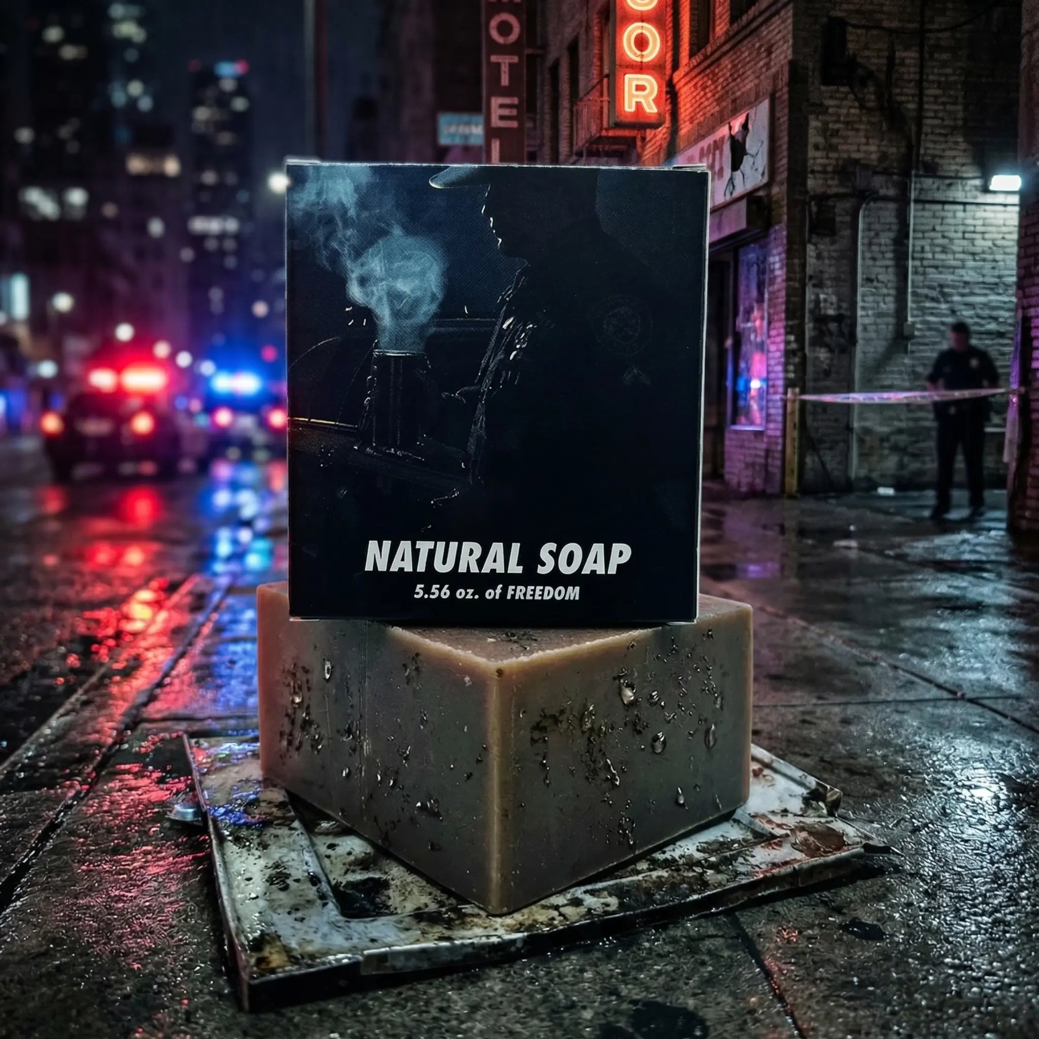 Natural soap bar and packaging set against a rainy downtown Los Angeles street at night with police lights, emphasizing the cocoa powder benefits for deep cleaning and skin recovery.