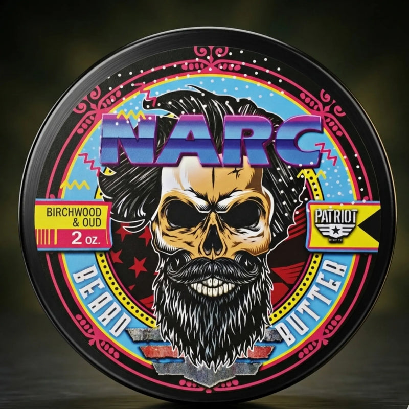 NARC beard butter in Birchwood and Oud scent featuring a vibrant 80s synthwave style bearded skull graphic by Flagship Soap Company.