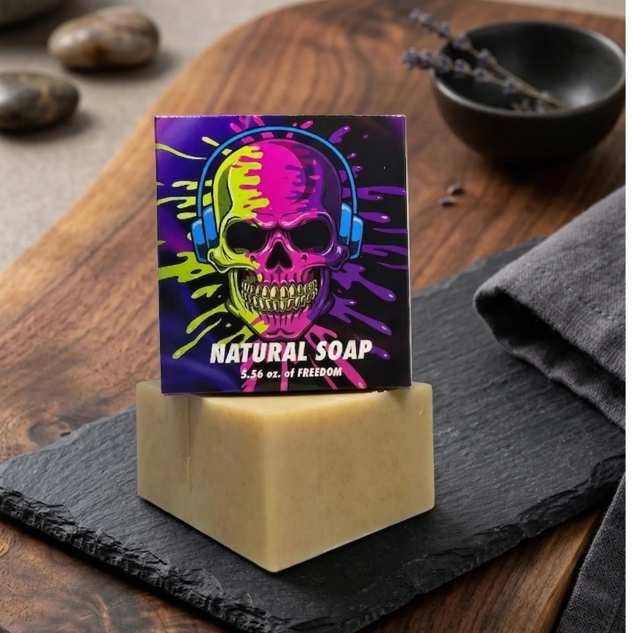 Flagship Soap Company 5.56 oz. of Freedom natural soap with vibrant neon skull artwork on a clean white background.