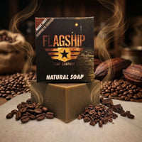 Close-up of Night Shift natural soap packaging by Flagship Soap Company, highlighting the energizing coffee and cocoa aroma and natural ingredients for hardworking professionals.