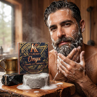 Man lathering his beard with Klichy Onyx Vanilla and Cedarwood natural beard wash puck