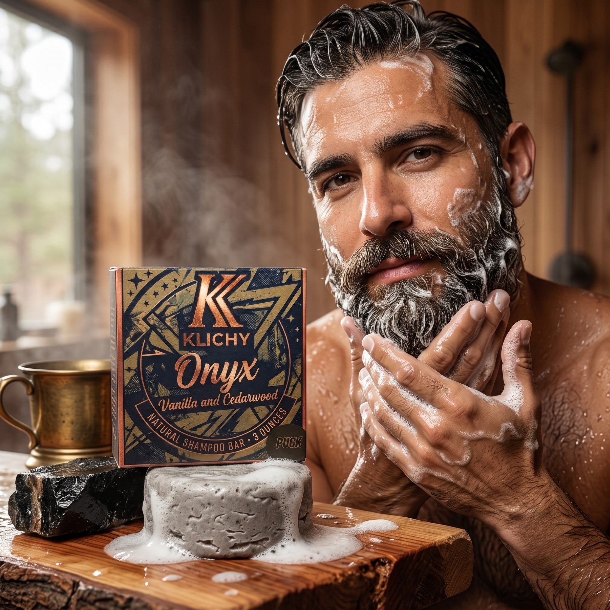 Man lathering his beard with Klichy Onyx Vanilla and Cedarwood natural beard wash puck