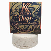 Onyx cedarwood and vanilla natural shampoo bar, 3 oz puck with Klichy box