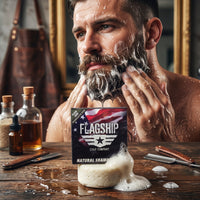 Man lathering his beard with Plain Jane fragrance-free natural beard wash puck by Flagship Soap Company