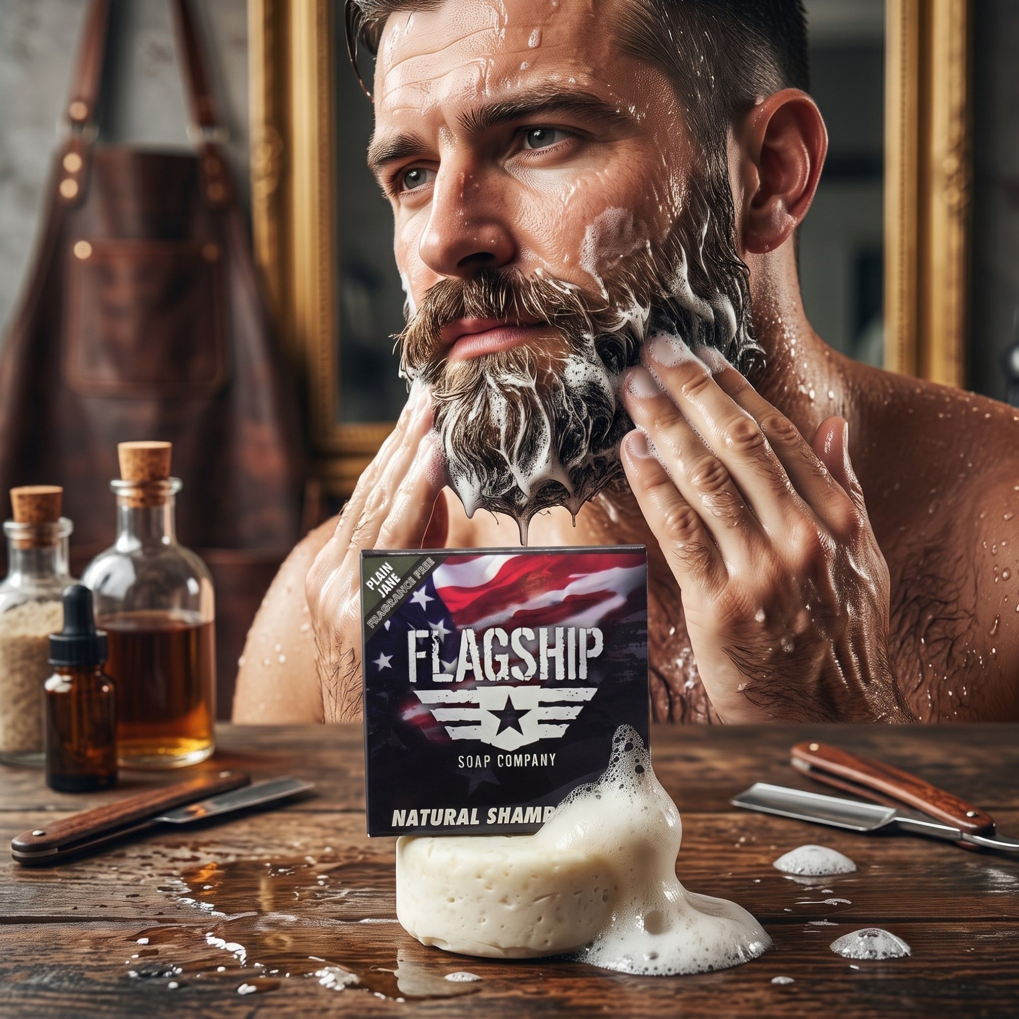 Man lathering his beard with Plain Jane fragrance-free natural beard wash puck by Flagship Soap Company