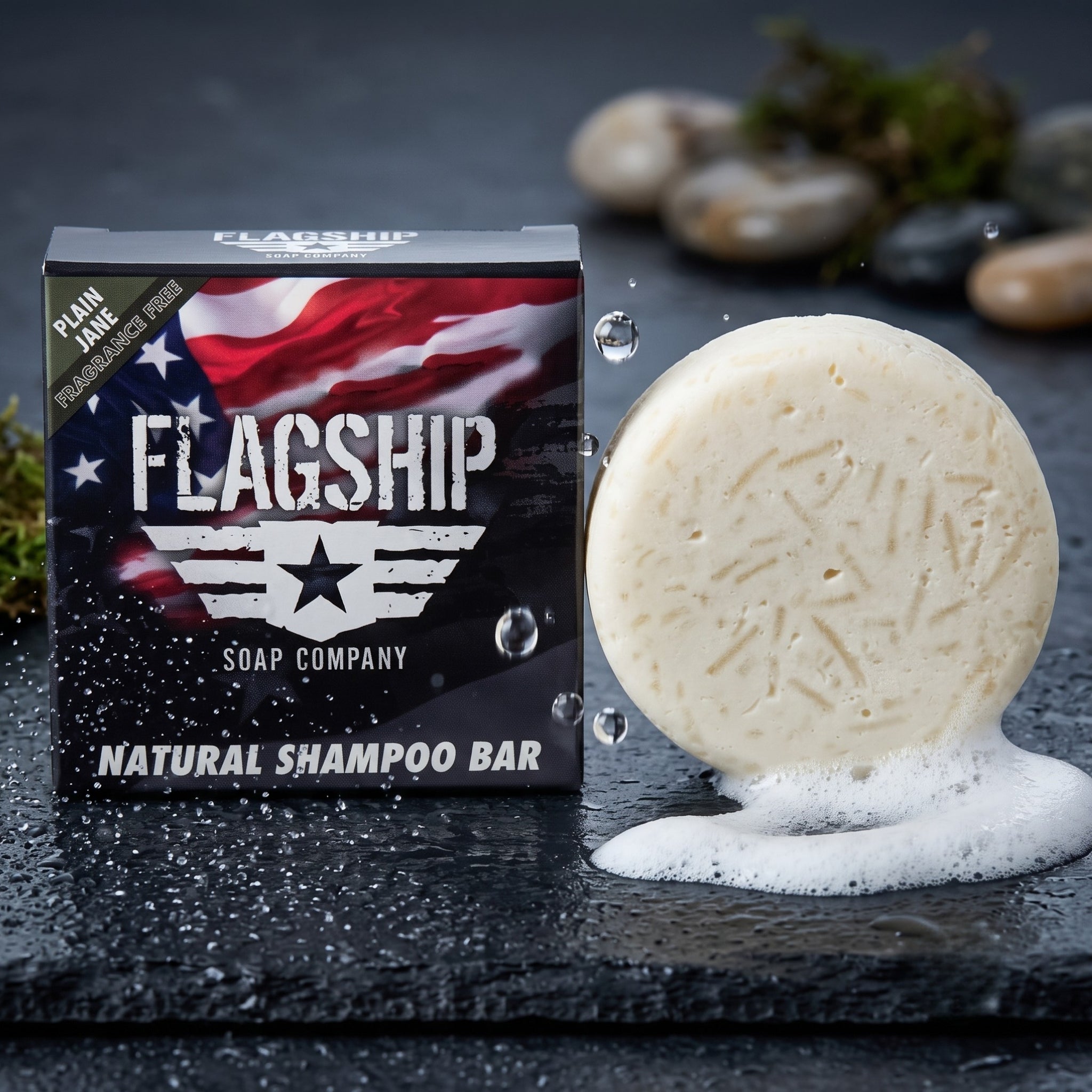 Plain Jane fragrance-free beard wash puck lathering into rich creamy foam on wet dark stone