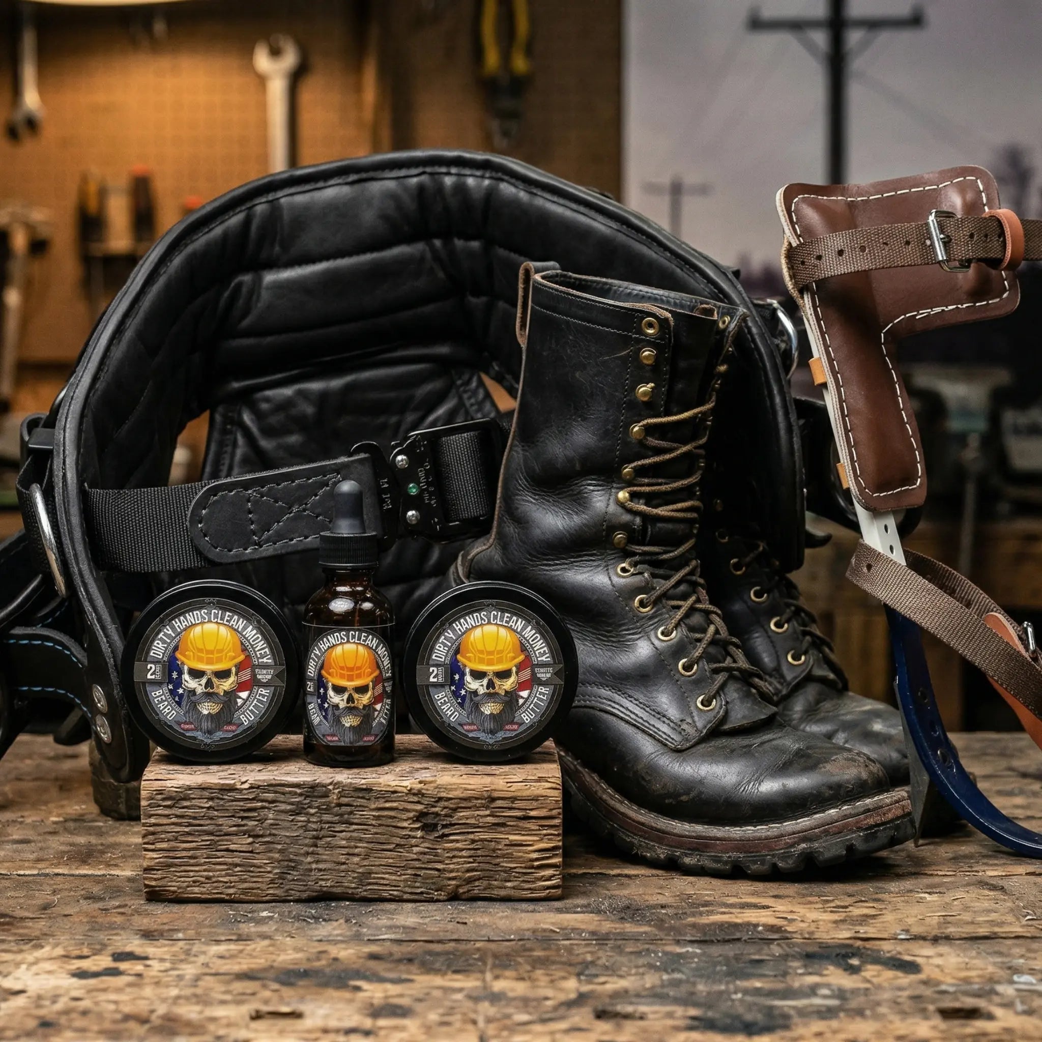 A collection of rugged lineman work gear, including a worn leather climbing belt, scuffed black leather boots, and a steel climbing gaff, arranged on a weathered wooden workbench. In the foreground, three Patriot Beard Co. 'Dirty Hands Clean Money' grooming products—beard butter, beard oil, and beard balm—are featured, scented with leather and oakmoss. A workshop and a power pole poster are visible in the background under warm overhead light.