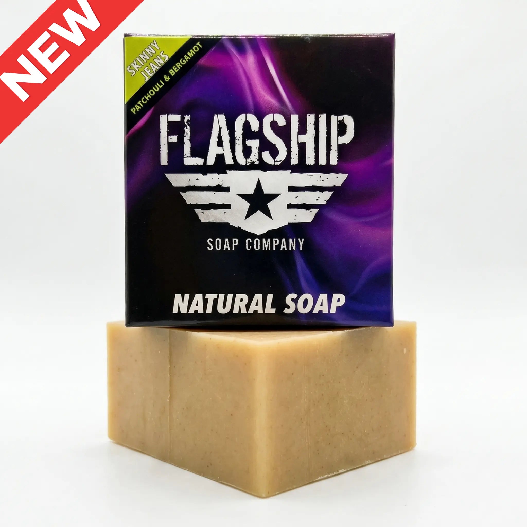 The new Skinny Jeans natural soap from Flagship Soap Company, a patchouli-heavy bar with turmeric and chaga mushroom powder for skin health.