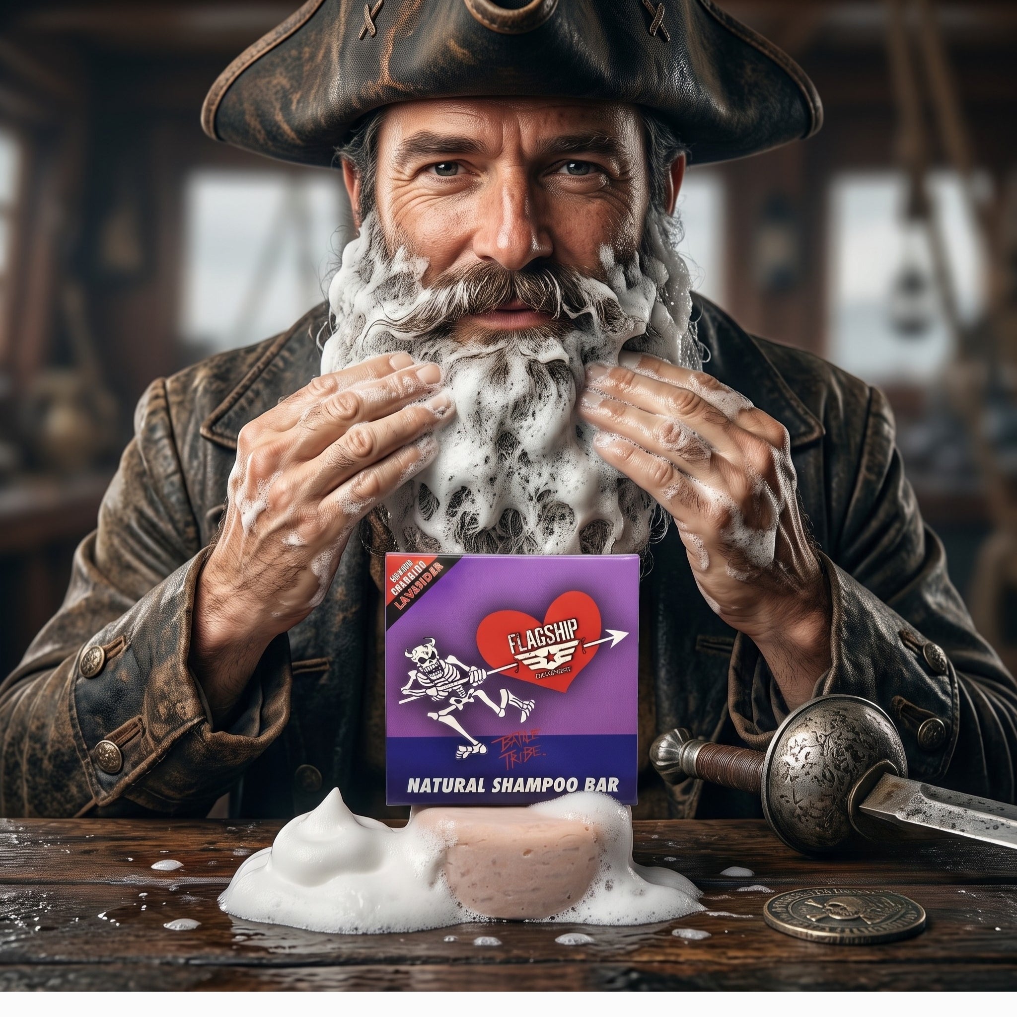 Man lathering his beard with Smooth Operator Lavender and Lemongrass natural beard wash puck