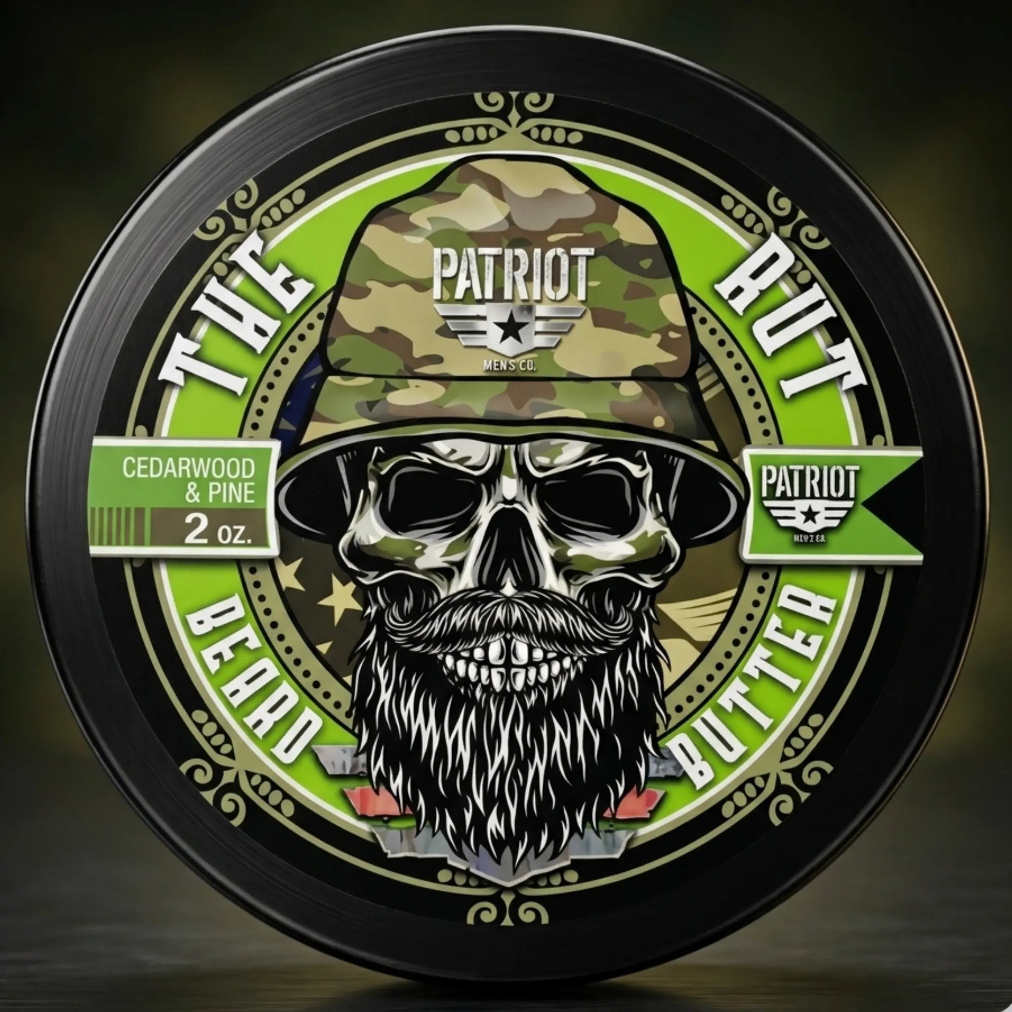 The Rut hunting-themed beard butter in Pine and Cedarwood scent featuring a bearded skull in a camouflage boonie hat for outdoorsmen.