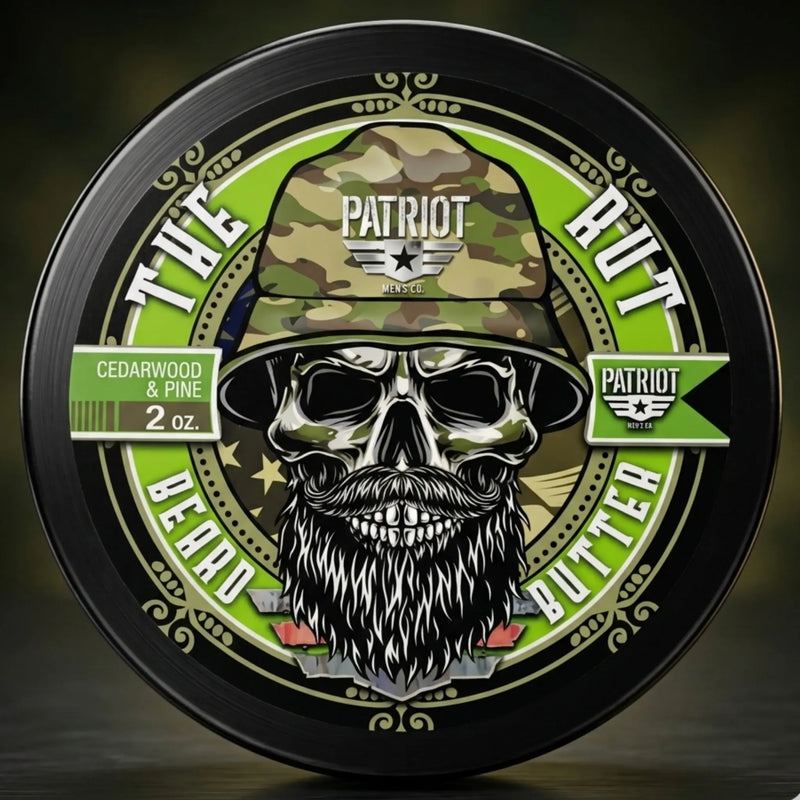 The Rut hunting-themed beard butter in Pine and Cedarwood scent featuring a bearded skull in a camouflage boonie hat for outdoorsmen.