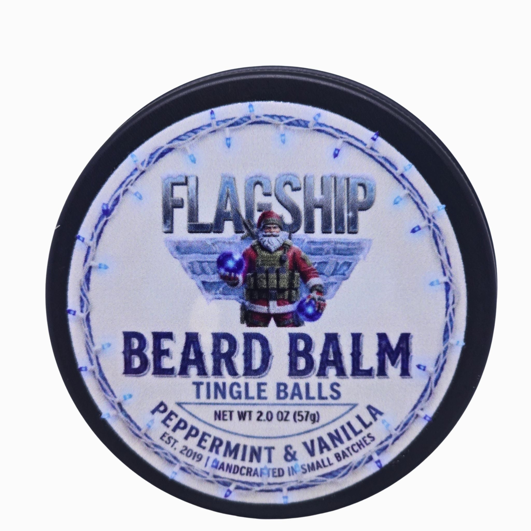Flagship Tingle Balls Peppermint & Vanilla Beard Balm tin, front view