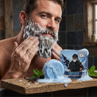 Man lathering his beard with Tingle Balls Peppermint and Vanilla natural beard wash puck