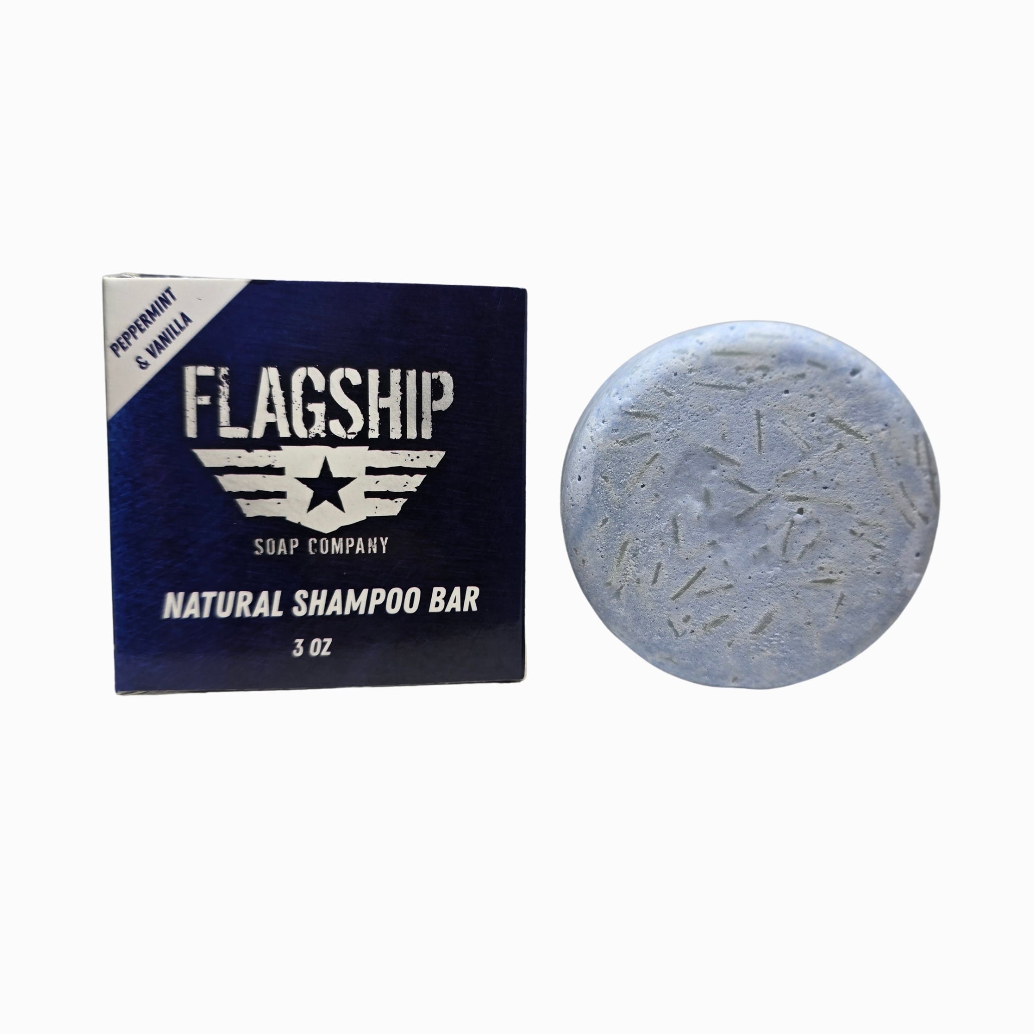 Flagship Tingle Balls peppermint and vanilla beard wash puck box next to 3 oz puck
