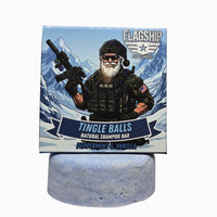 Tingle Balls peppermint and vanilla natural beard wash puck, 3 oz with Flagship Soap Company box
