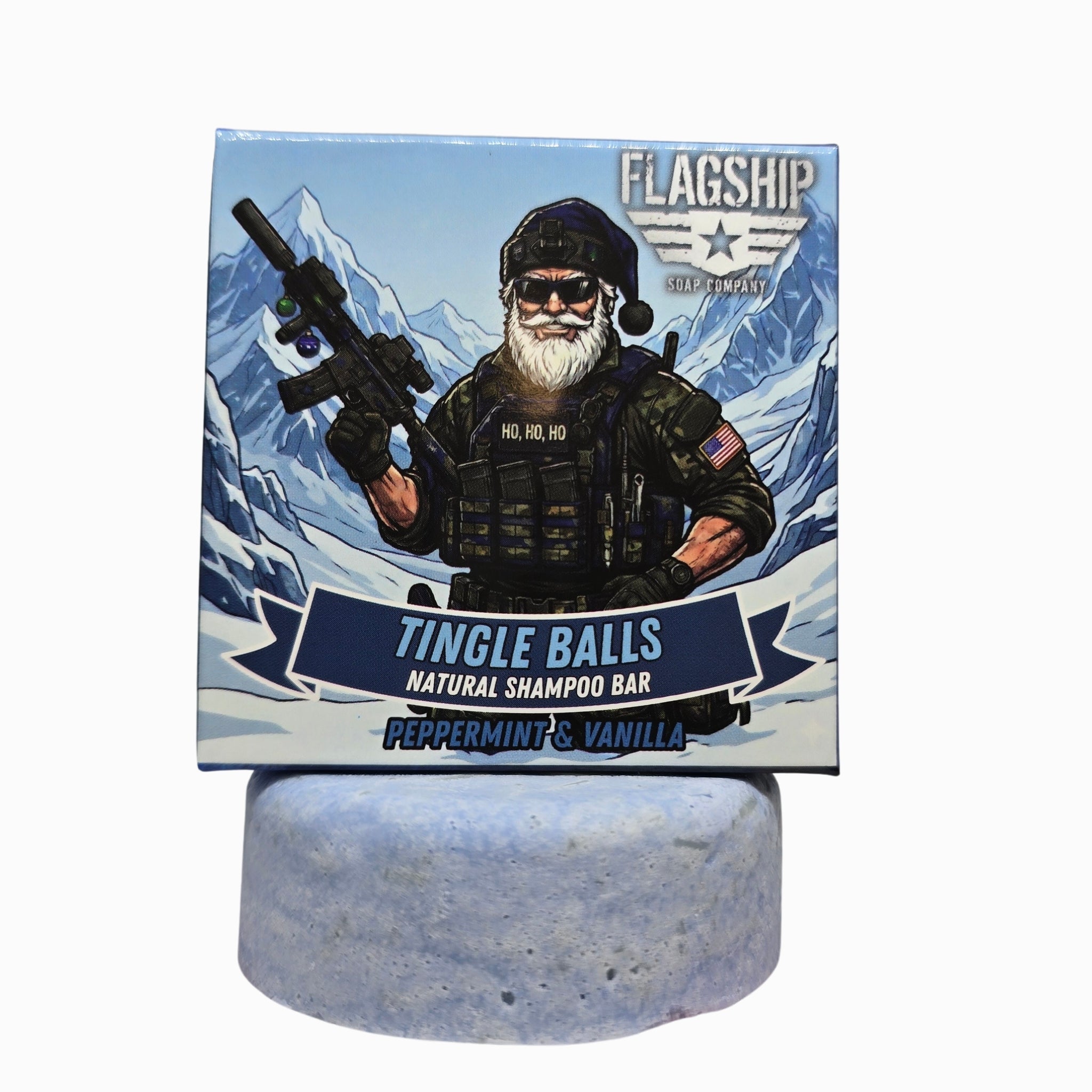 Tingle Balls peppermint and vanilla natural beard wash puck, 3 oz with Flagship Soap Company box