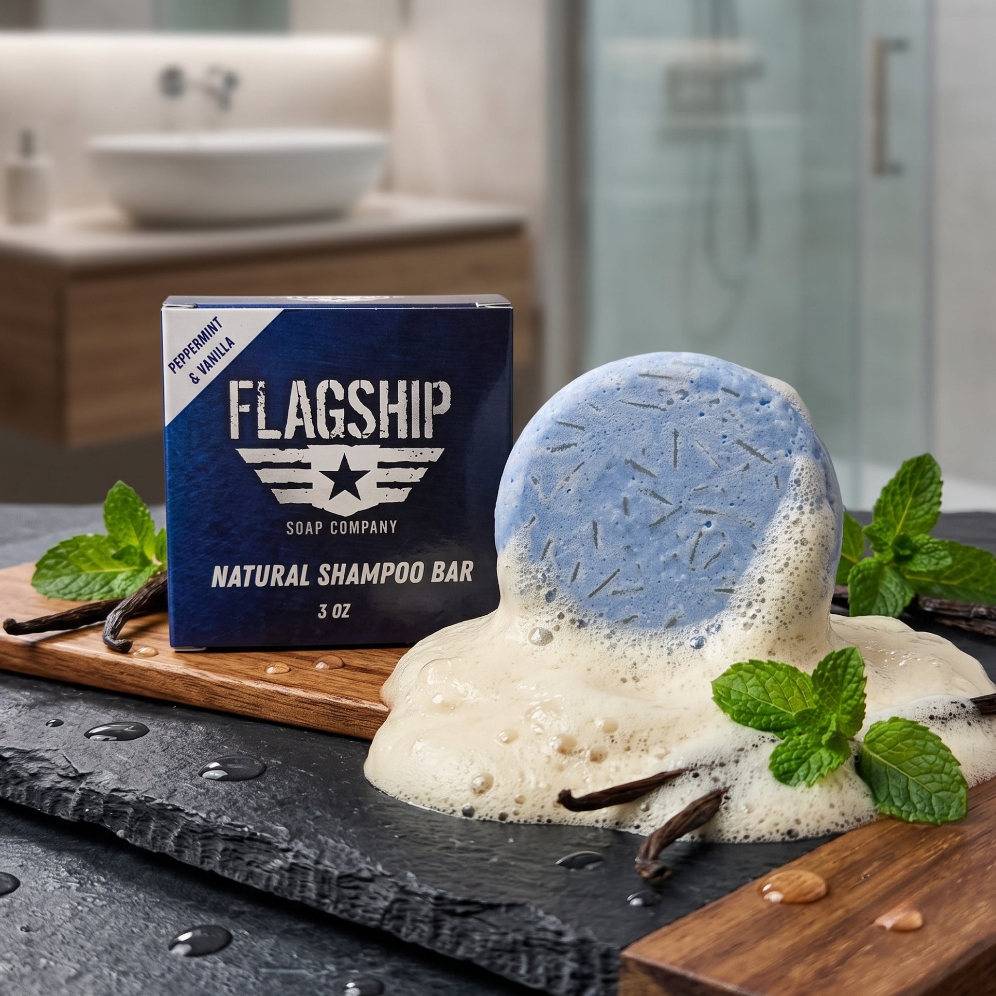 Tingle Balls peppermint and vanilla beard wash puck lathering with mint leaves and vanilla pods