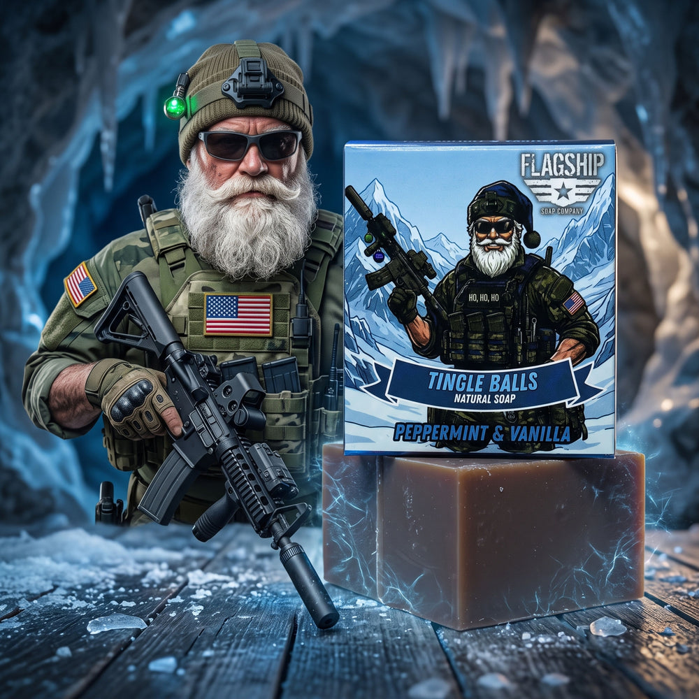 Tactical Santa holding rifle beside Tingle Balls Soap box on icy ledge