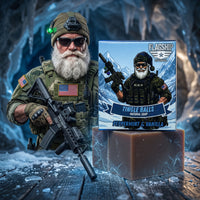 Tactical Santa holding rifle beside Tingle Balls Soap box on icy ledge