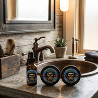 Top-selling Unsupervised beard care set with a premium masculine cologne scent, featuring beard oil, balm, and butter on a rustic bathroom vanity.