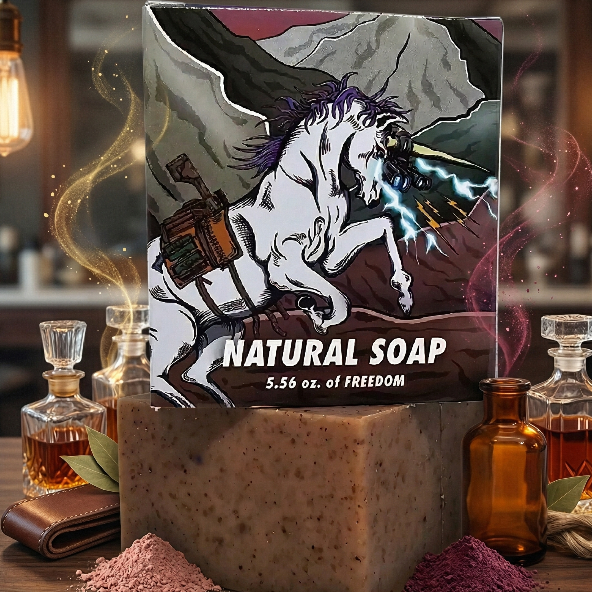 Product shot of Unicorn Barbershop soap surrounded by amber glass bottles, bay leaves, and piles of rose clay and alkanet root to represent scent notes and natural exfoliants.