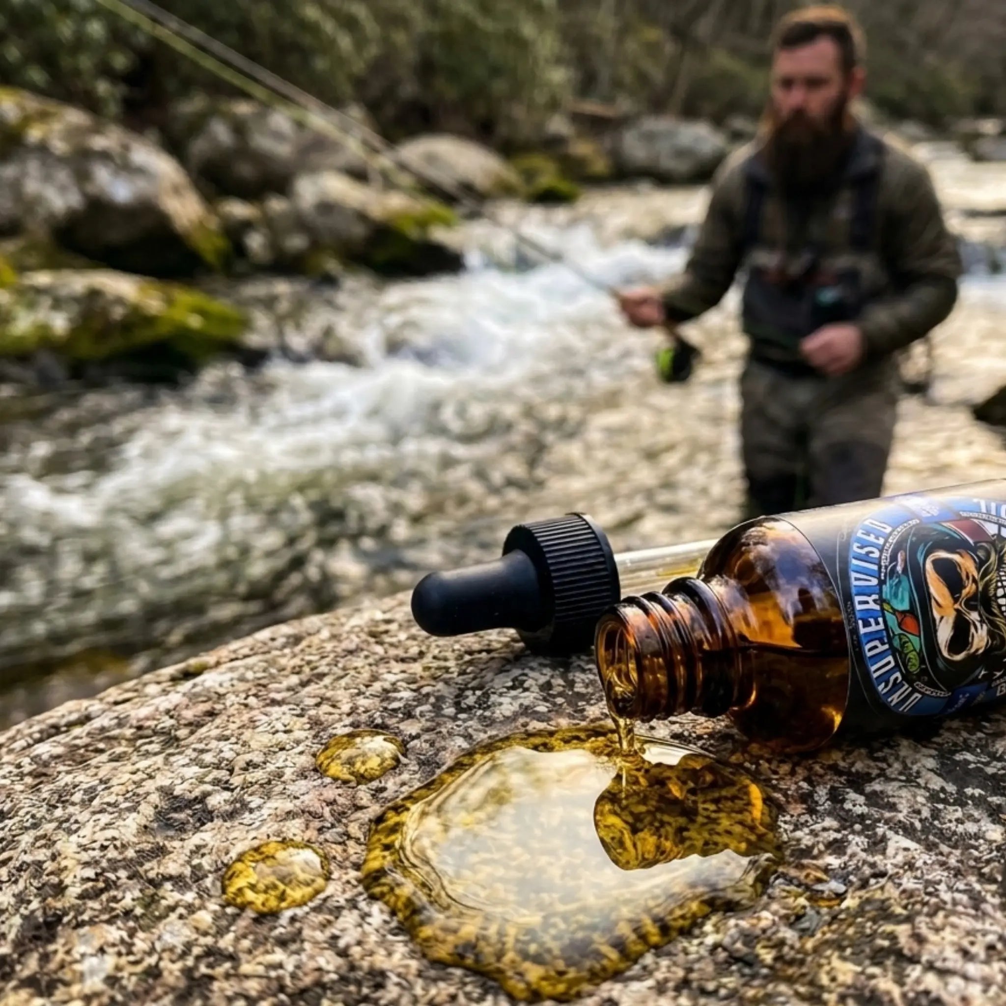 Premium top-selling Unsupervised beard oil pouring onto a river rock, highlighting the rich texture and signature masculine cologne fragrance.