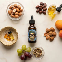 Top-selling Unsupervised beard oil (cologne scented) surrounded by natural argan nuts, jojoba, and apricot seeds to showcase premium ingredients.