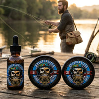 An outdoorsman fly fishing on a lake featuring our top-selling Unsupervised beard oil and balms with a sophisticated masculine cologne scent.
