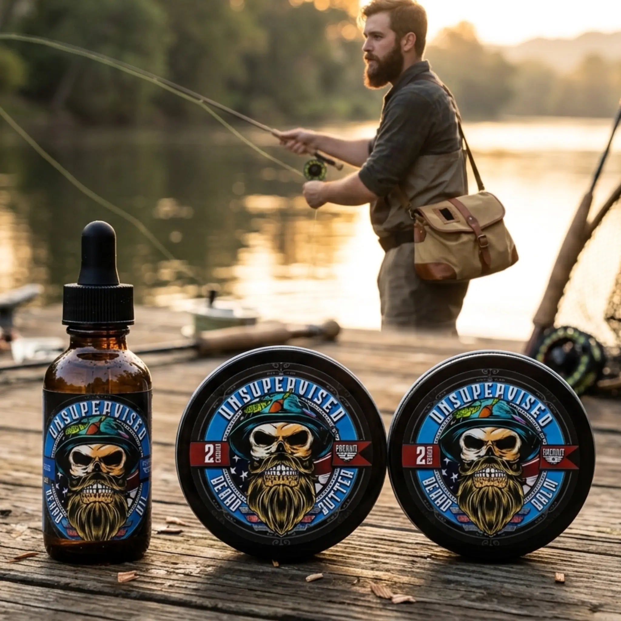 An outdoorsman fly fishing on a lake featuring our top-selling Unsupervised beard oil and balms with a sophisticated masculine cologne scent.
