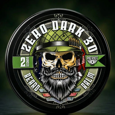 Zero Dark 30 Military-themed Beard Balm (2 oz). Label features a bearded skull wearing a tactical army green helmet with ammunition tucked in the band, set against a camo and American flag backdrop. Proudly Veteran-owned and operated grooming gear.
