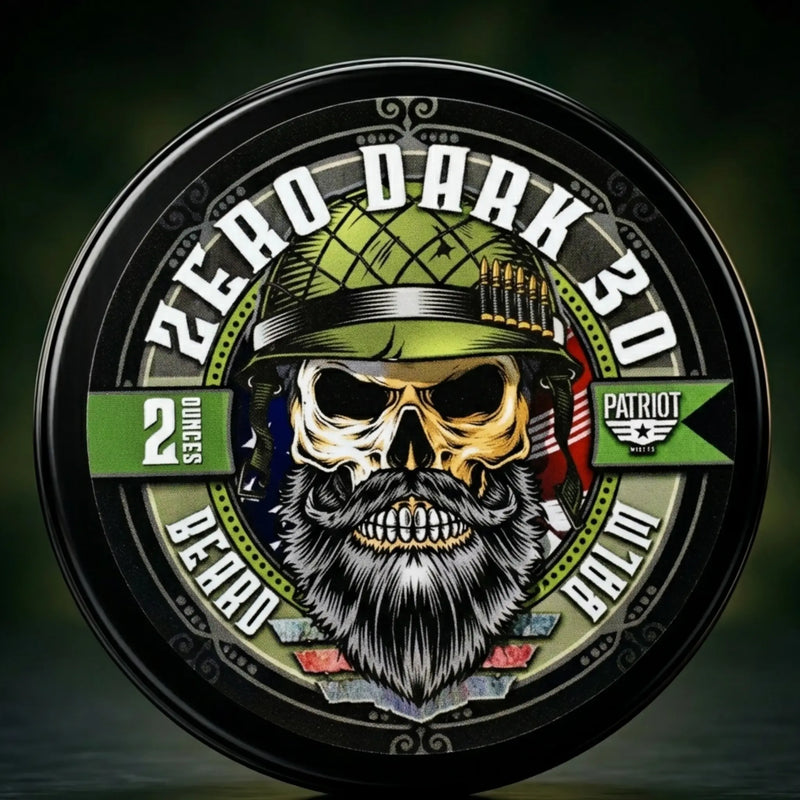 Zero Dark 30 Military-themed Beard Balm (2 oz). Label features a bearded skull wearing a tactical army green helmet with ammunition tucked in the band, set against a camo and American flag backdrop. Proudly Veteran-owned and operated grooming gear.