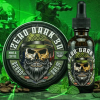A product display of Zero Dark 30 Beard Balm and Oil from Flagship Soap Company, both featuring a bearded skull in a helmet. They rest on a tactical green surface with coffee beans and mint leaves, against a blurry green night-vision backdrop.
