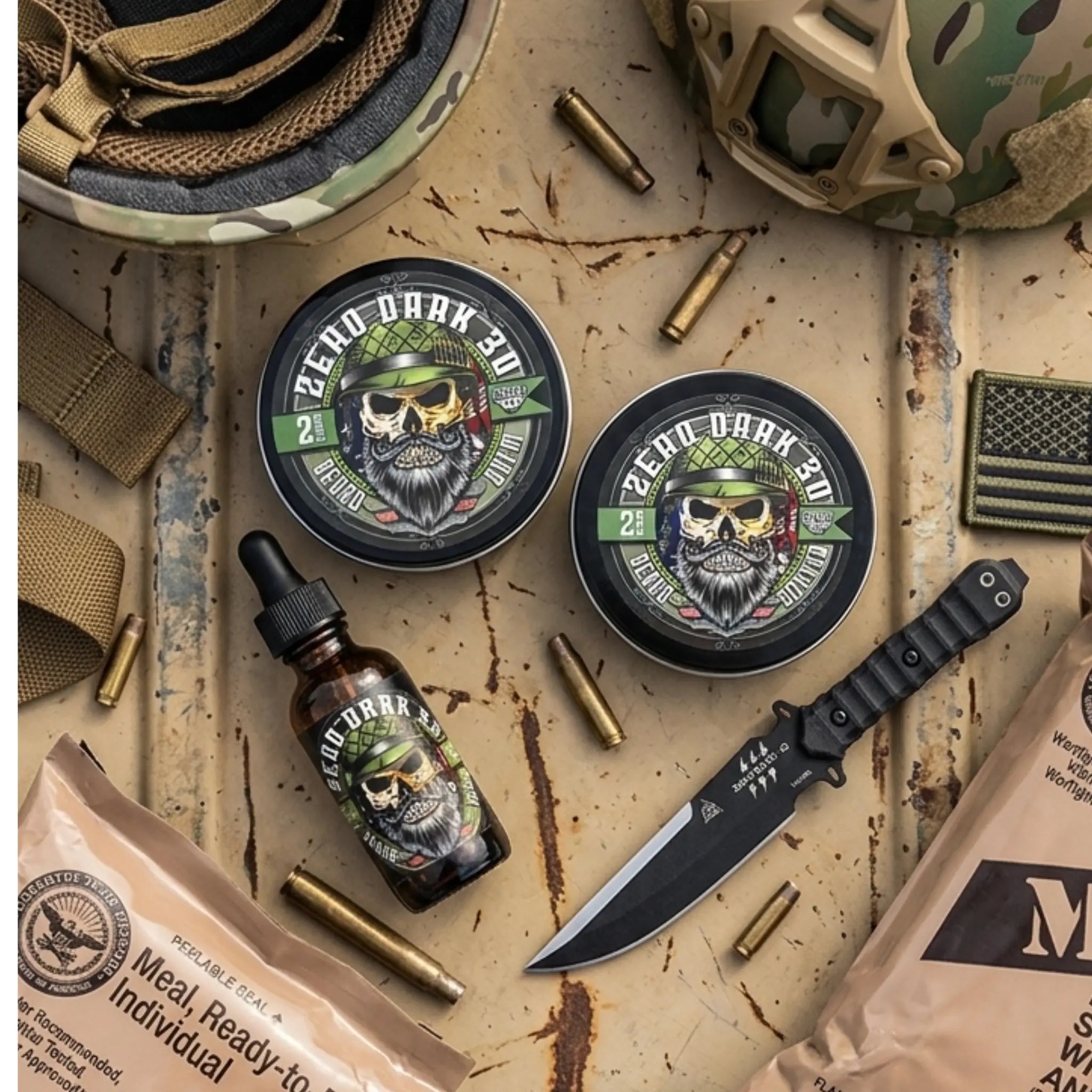 Flagship Soap Co. Zero Dark 30 beard oil and butter bundle featuring a military helmet, spent shell casings, a tactical knife, and MREs on a weathered metal surface.
