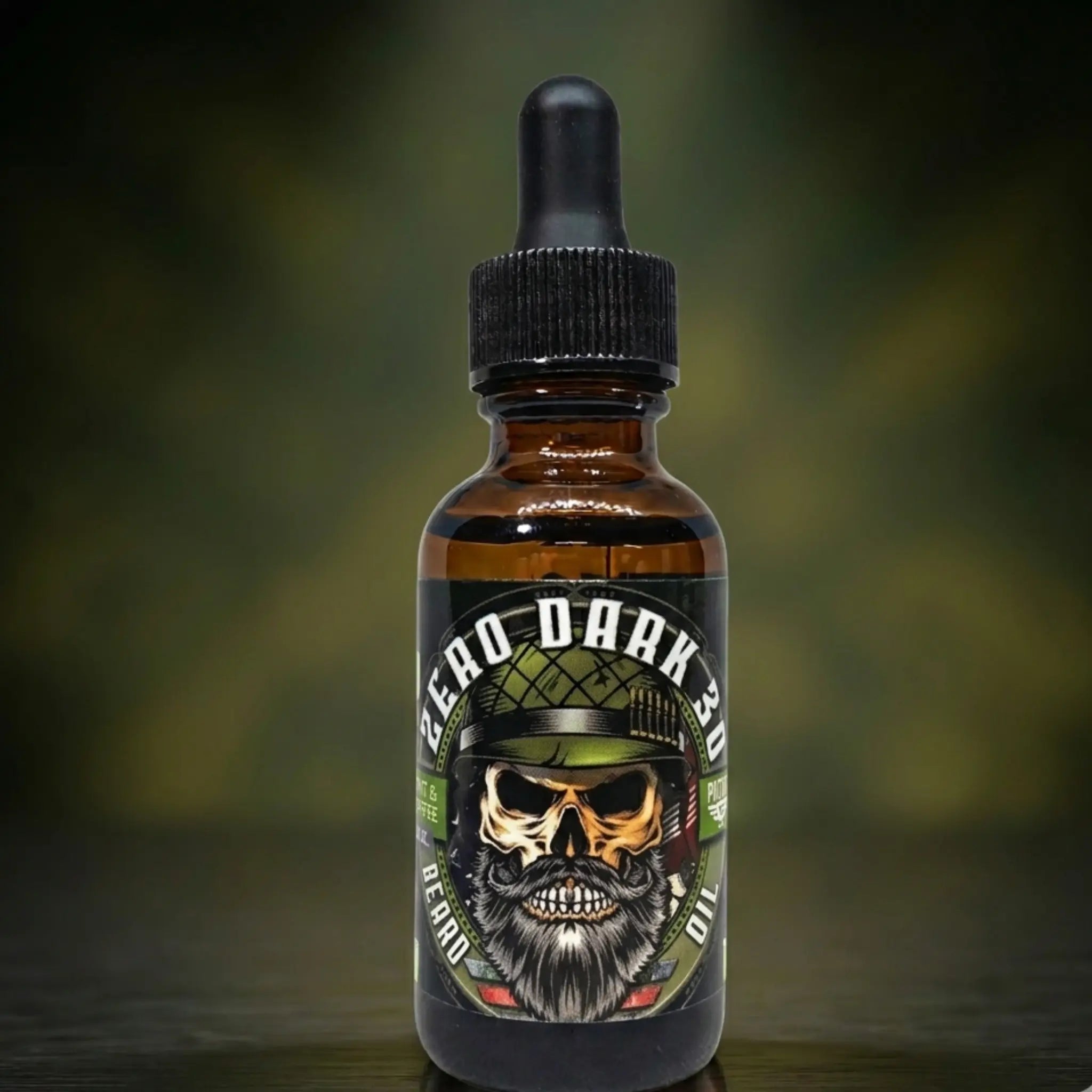Patriot Series Zero Dark 30 Beard Oil in Mint and Coffee scent. The amber glass dropper bottle features a bearded skull wearing a tactical helmet with ammunition. A refreshing, high-energy oil for military and veteran grooming.